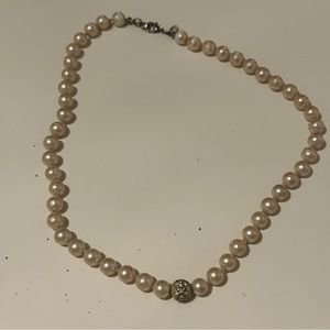 Signed RMN Faux Pearl Necklace Rhinestone Ball Pendant